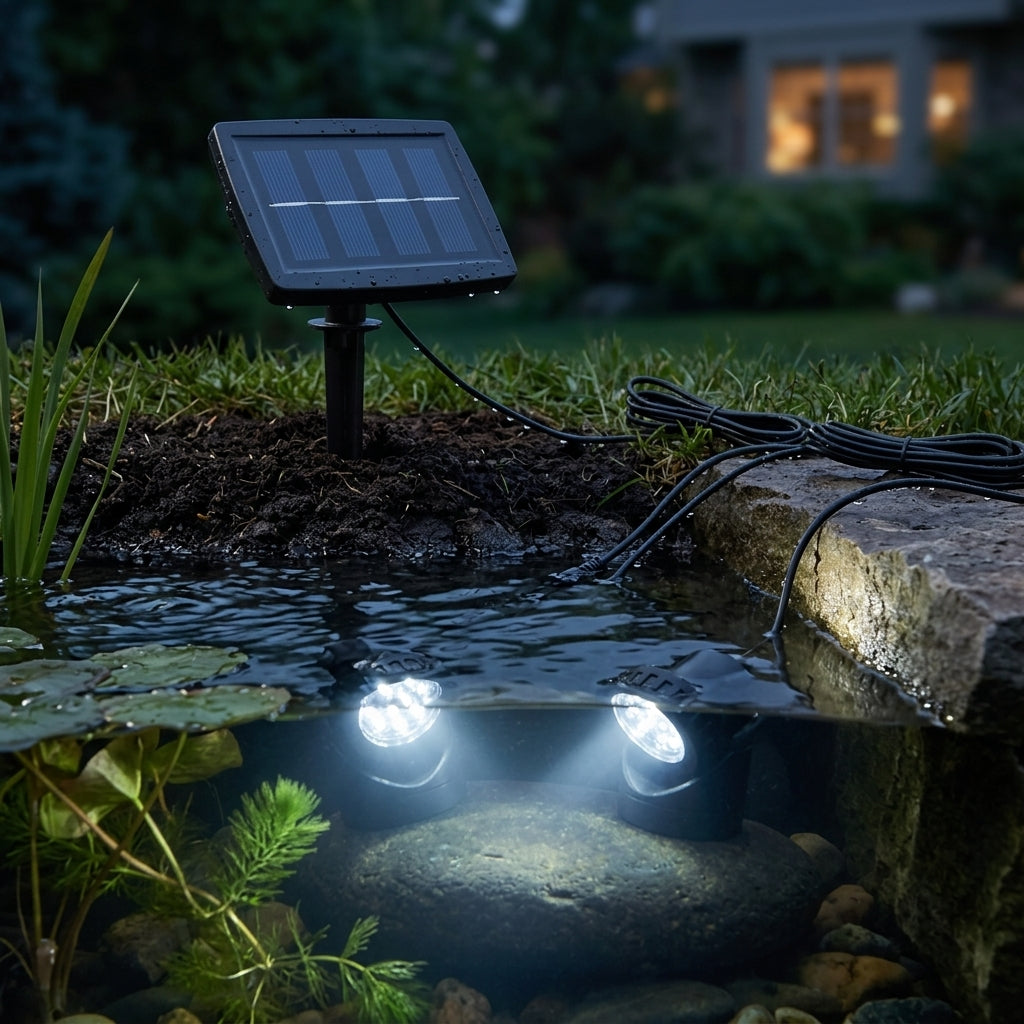 Set of 2 Submersible Solar Pond Lights, 6cm Diameter, LED, Battery Backup