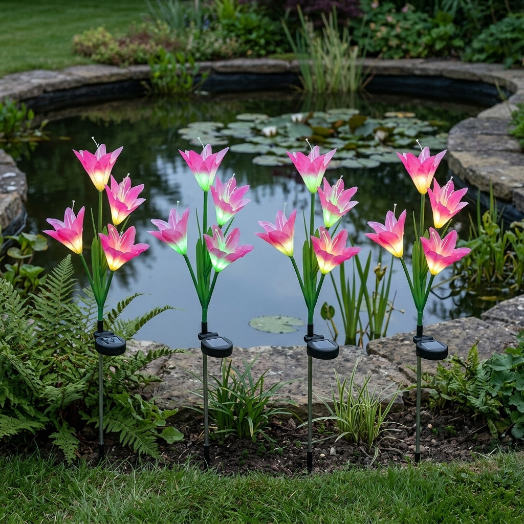70cm Solar Lily Flower Set – Pink Artificial Pond Plant, 4 Pack
