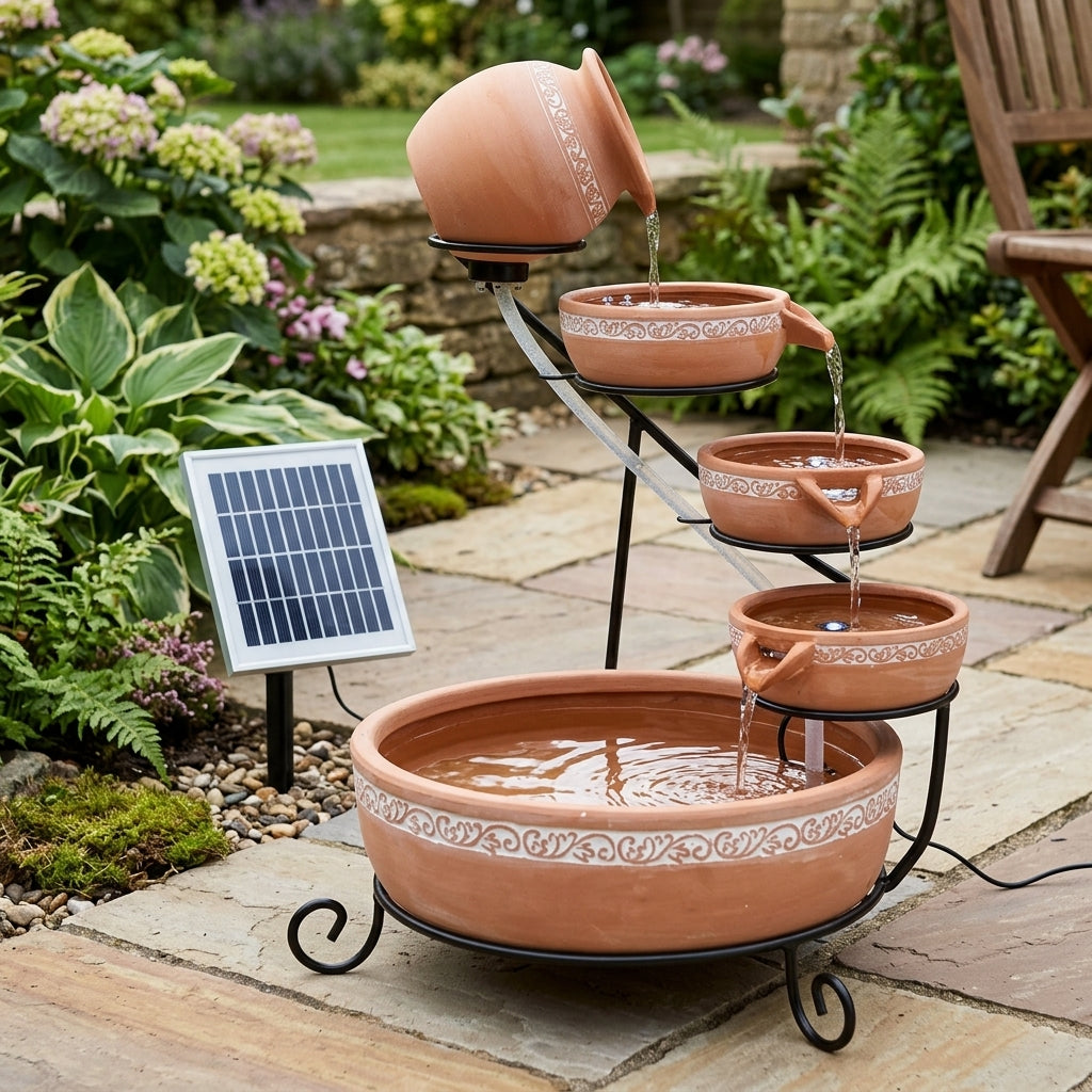 Solar Water Feature Cascade Terracotta with LED, 53cm Height