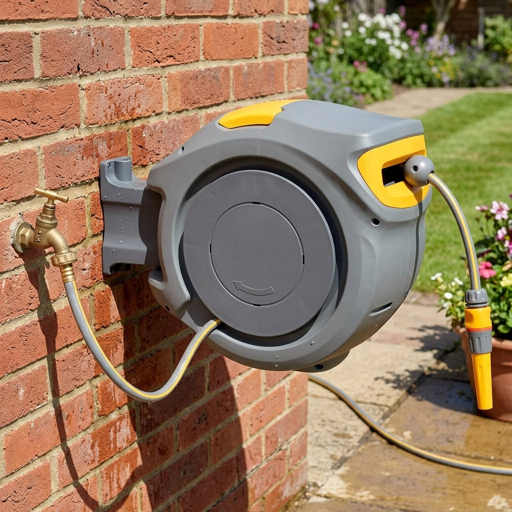 30m Auto Rewind Hose Reel with Wall Mount and Spray Nozzle