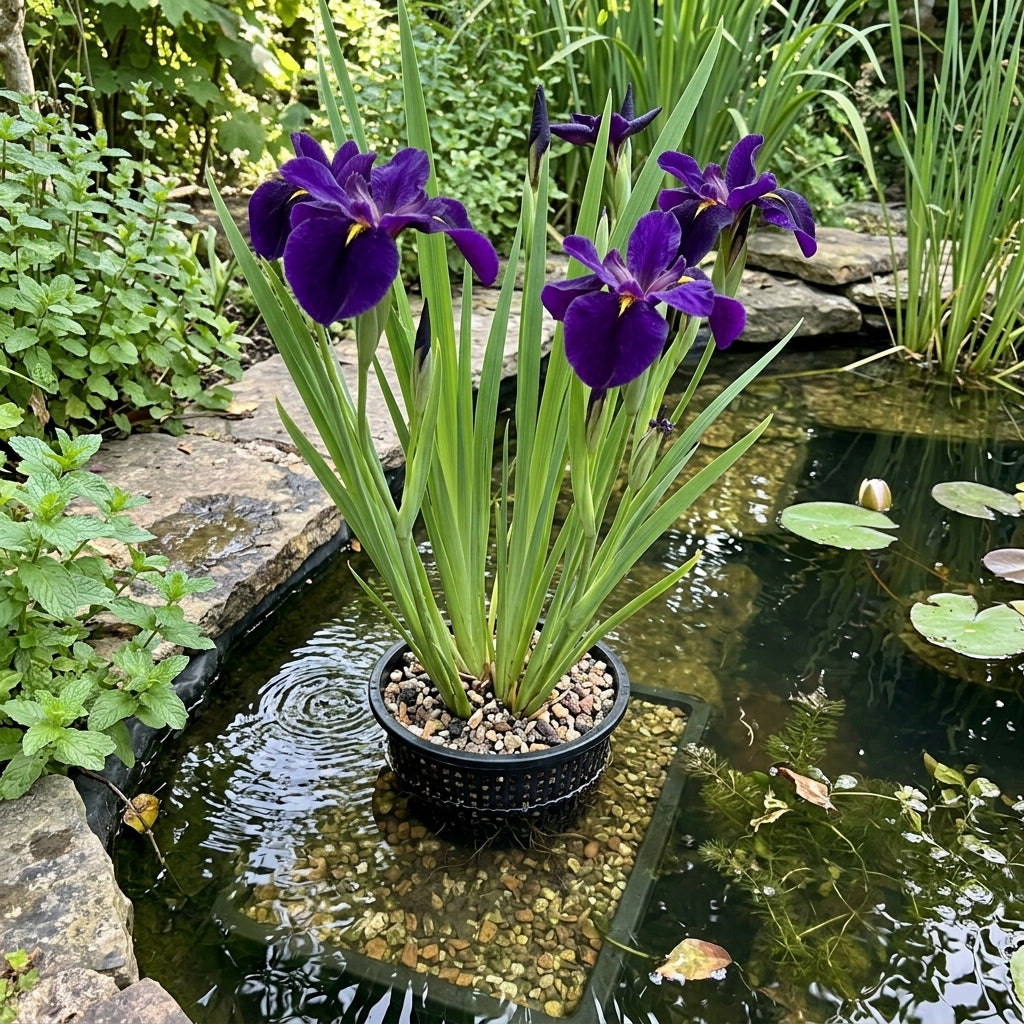 1L Louisiana Iris marginal pond plant, deep purple blooms