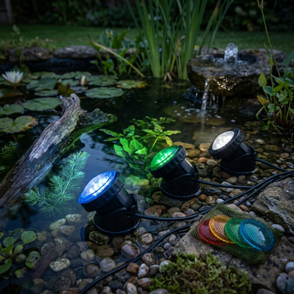 Triple LED Pond Lights Set with Sensor, 4.8W, 5m Cable
