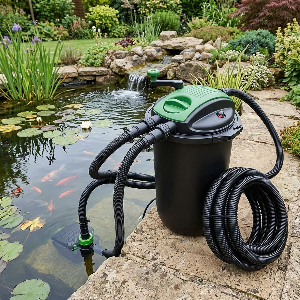 Pump and Filter Set with Hose and Clips for Large Ponds