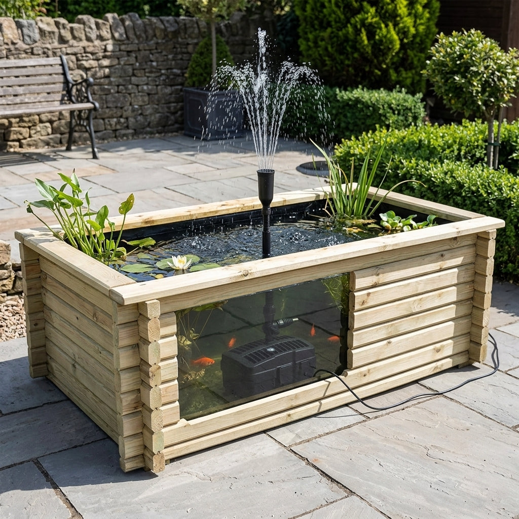 1.67m x 0.41m Raised Wooden Pond with UV Pump – 100 Gallons Capacity