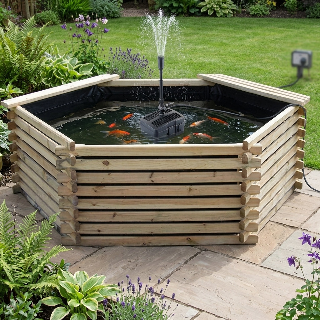 2.29m x 0.75m Raised Wooden Pond with UV Pump, 400 Gallons Capacity