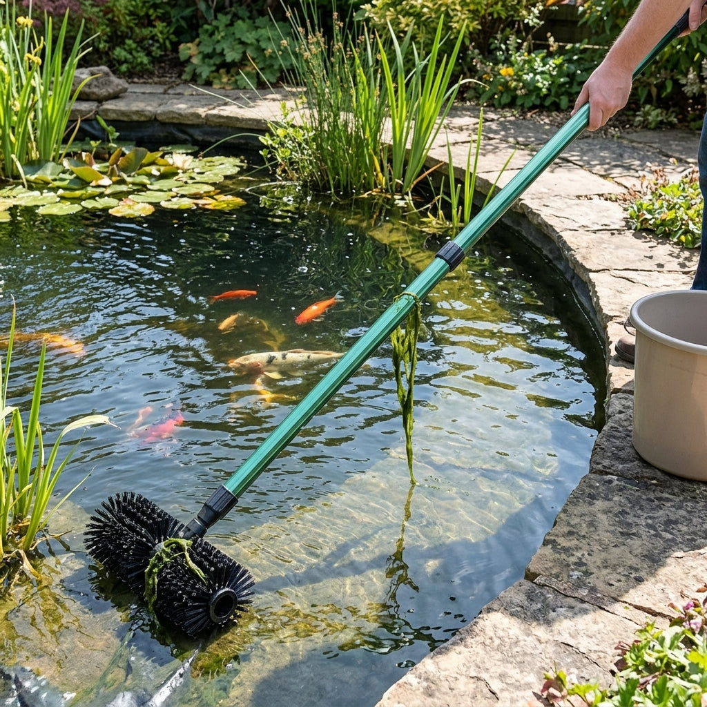 1.8m Telescopic Pond Pole & Blanketweed Brush Head – Nylon Bristles