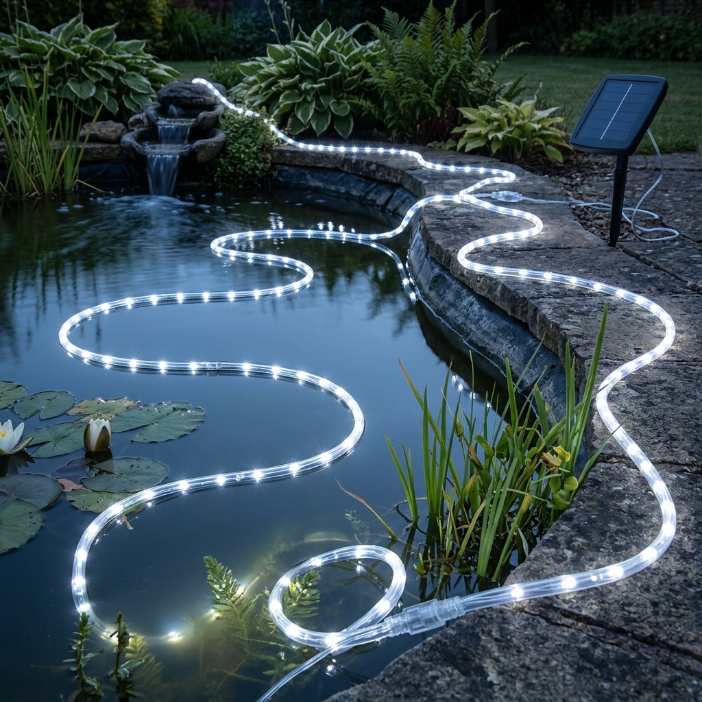 20m Solar LED Rope Light, Clear, 200 LEDs, IP65 Waterproof