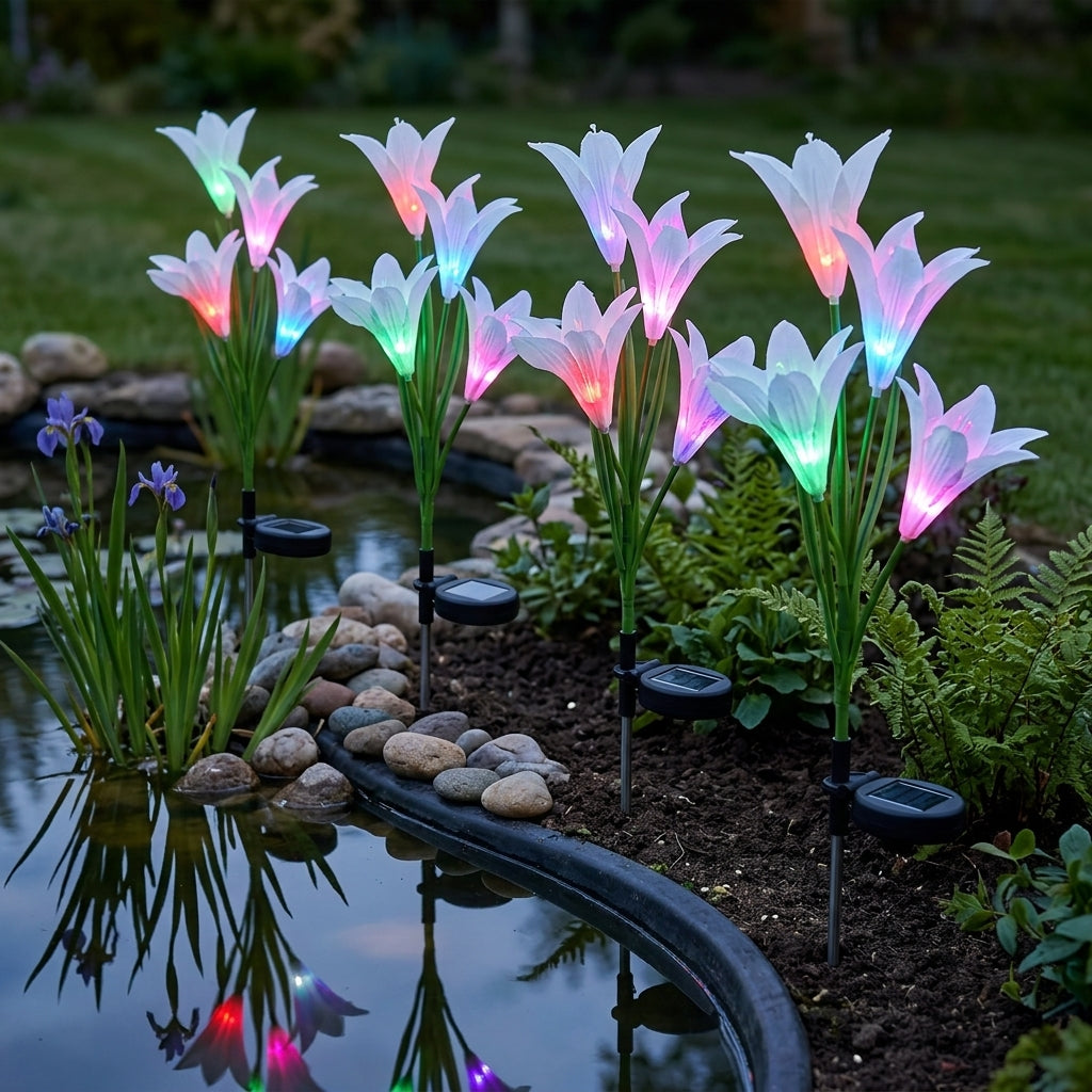 70cm Solar Lily Flower Set – White, Weatherproof, Multicolour Lighting (4 Pack)