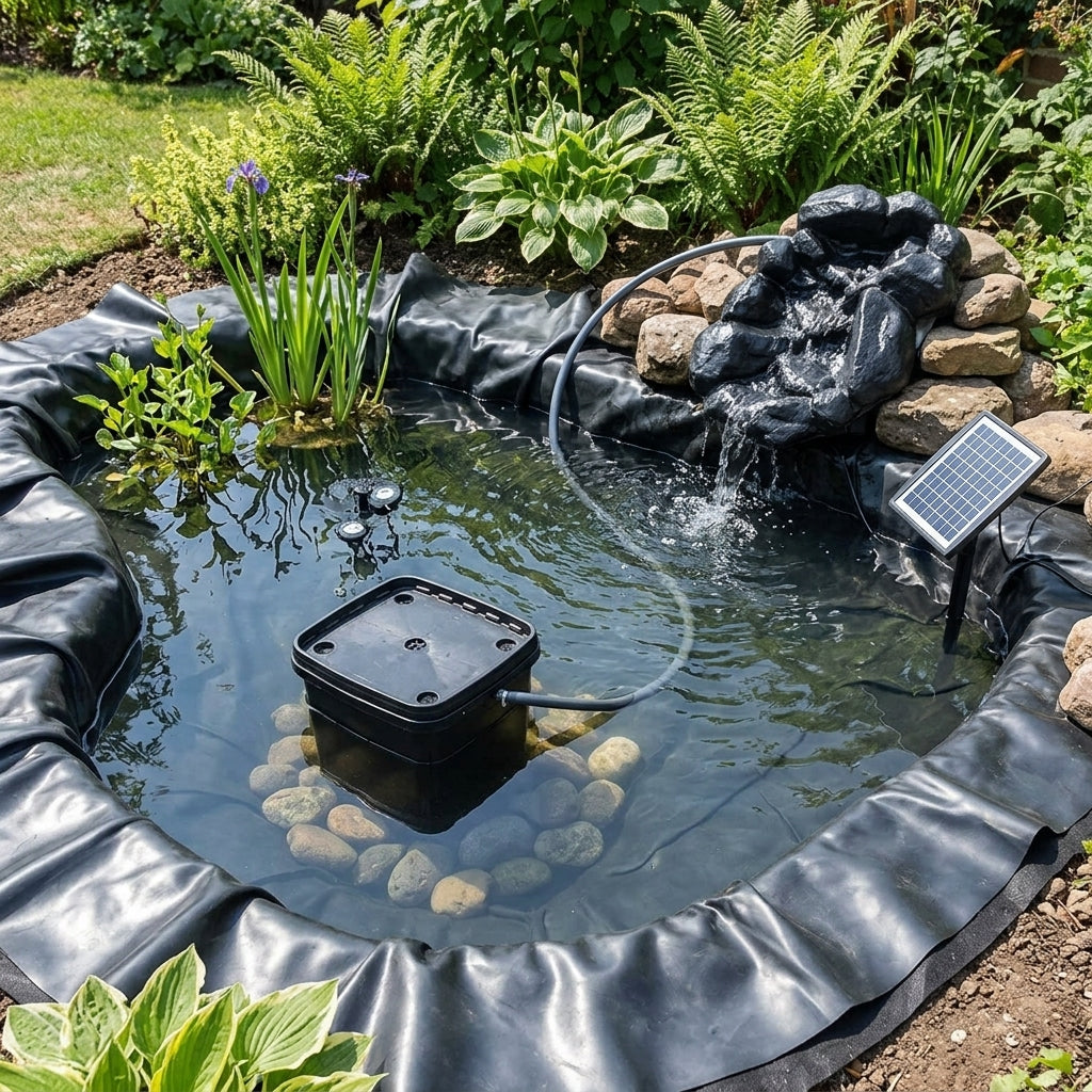 5 x 4m Solar Pond Kit with Eco Filter, Underlay and Waterfall Feature
