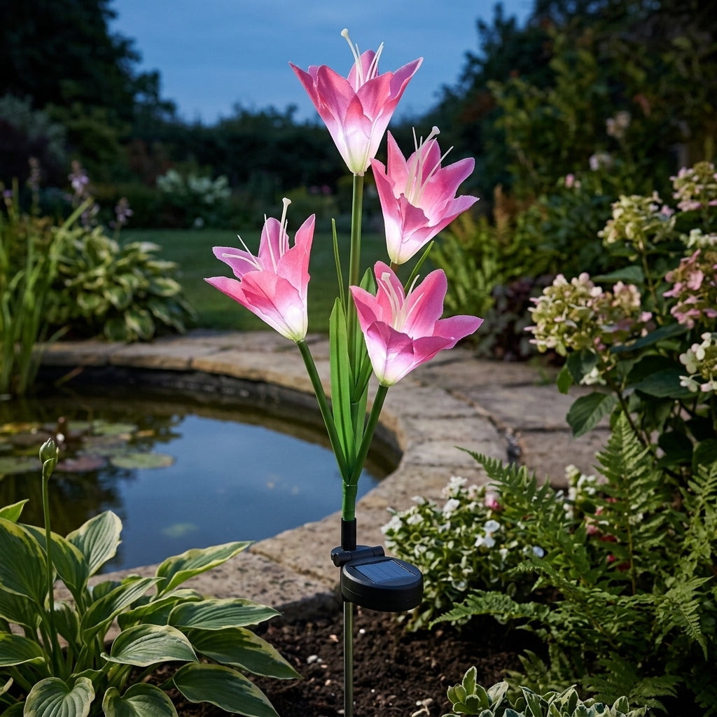 70cm Solar Lily Flower Pond Ornament, Pink, Single, 15cm Diameter
