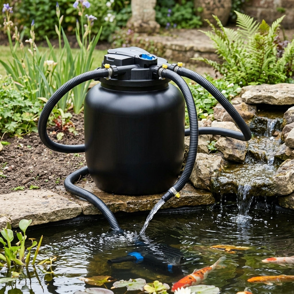 Pressurised Pond Pump and Filter Set with Automatic Cleaning Function