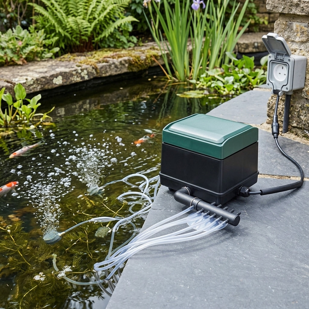 Weatherproof pond air pump, 2400 lph, 10 outlets