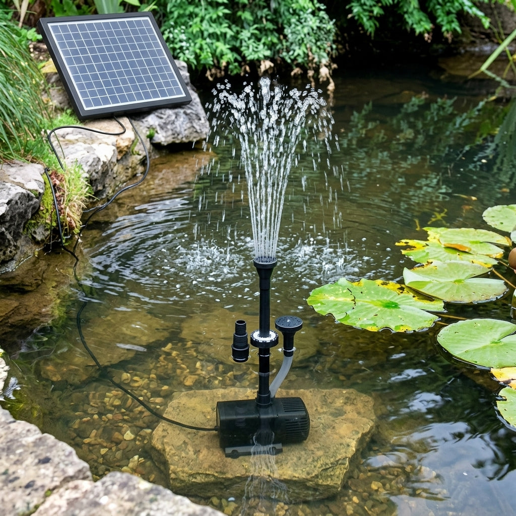 Solar Fountain Pump with Battery, LED, 5W Panel, 1.2m Lift, 12mm Outlet
