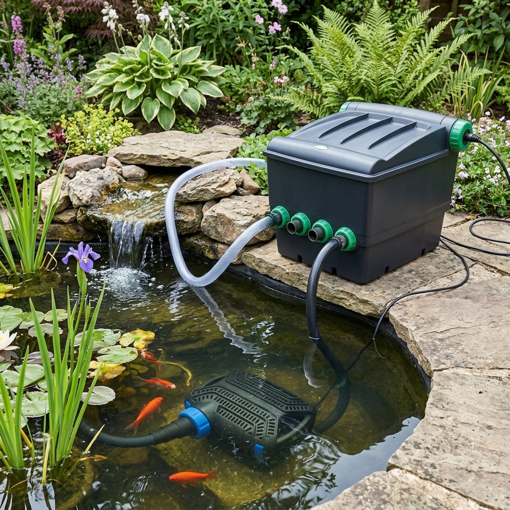 Pond pump and filter set for 10,000 litre ponds with 30W solids-handling pump