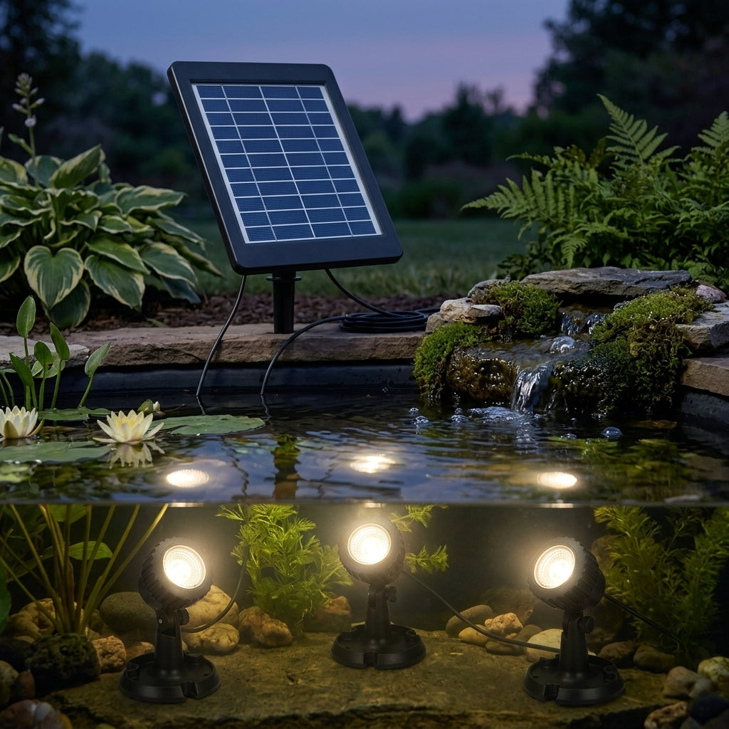 3-Light Solar Submersible Pond Lights Set, Warm White, 576 Lumens