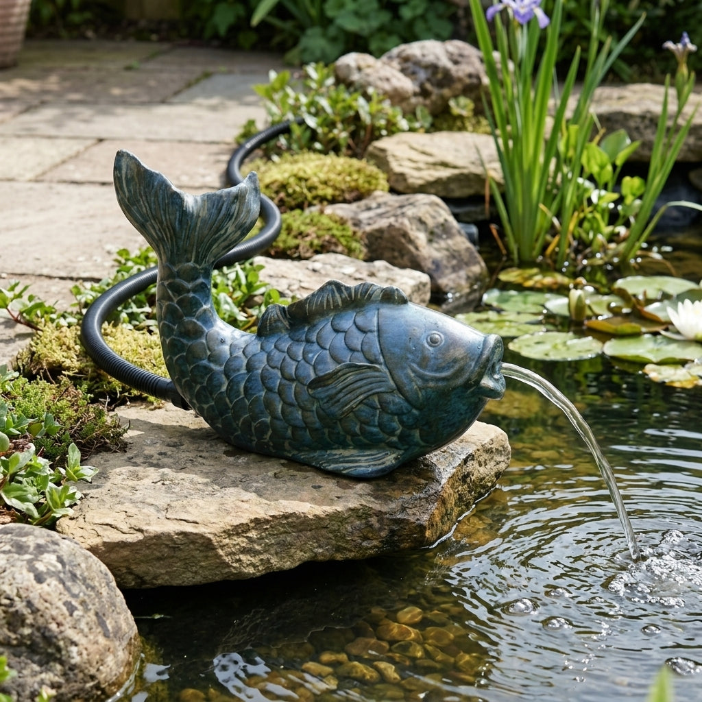 27cm Koi Fish Pond Spitter Polyresin Ornament with 8/12mm Hose