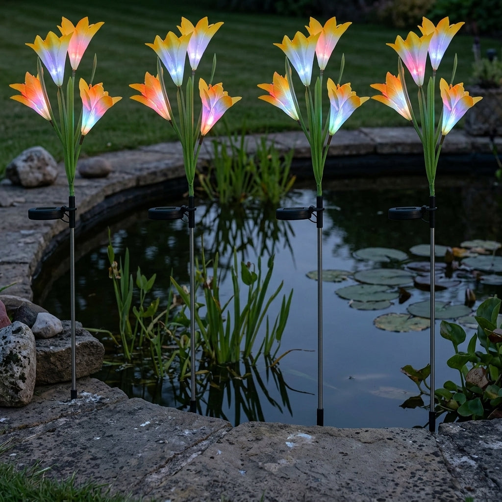 15cm Solar Lily Flower Set – Yellow Artificial Pond Ornament, 4 Pack