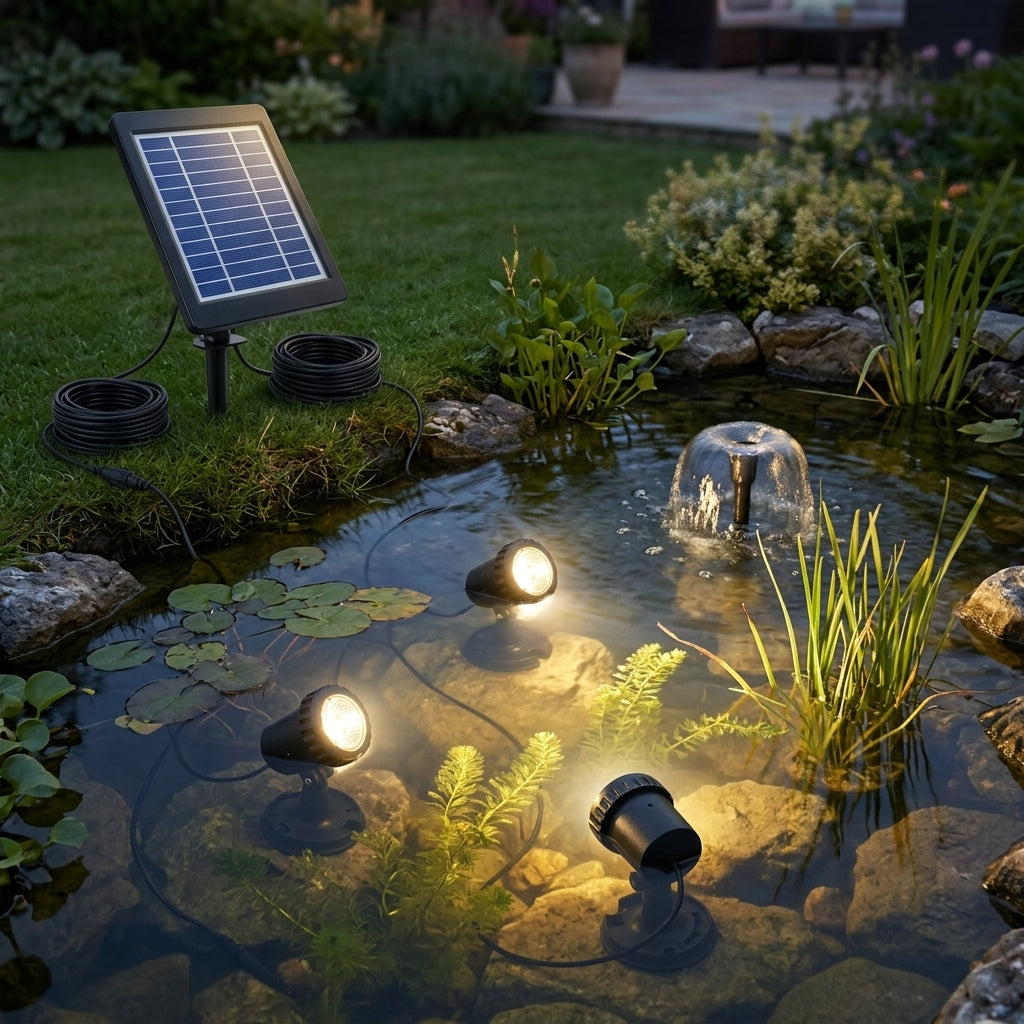 4-Light Solar Submersible Pond Lights Set, 3.5W Panel, 576 Lumens