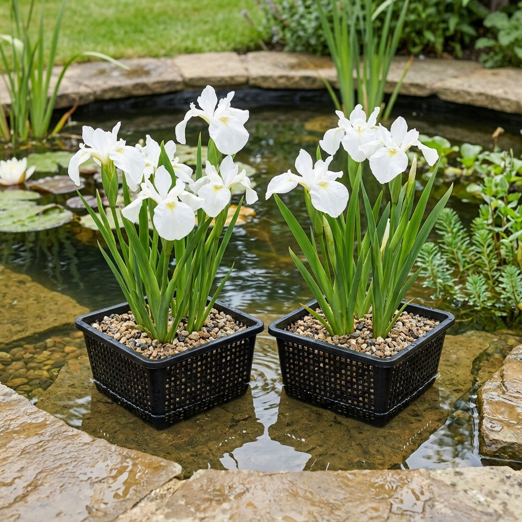 19cm Iris Pond Plant Set in Basket – White, Pack of 2