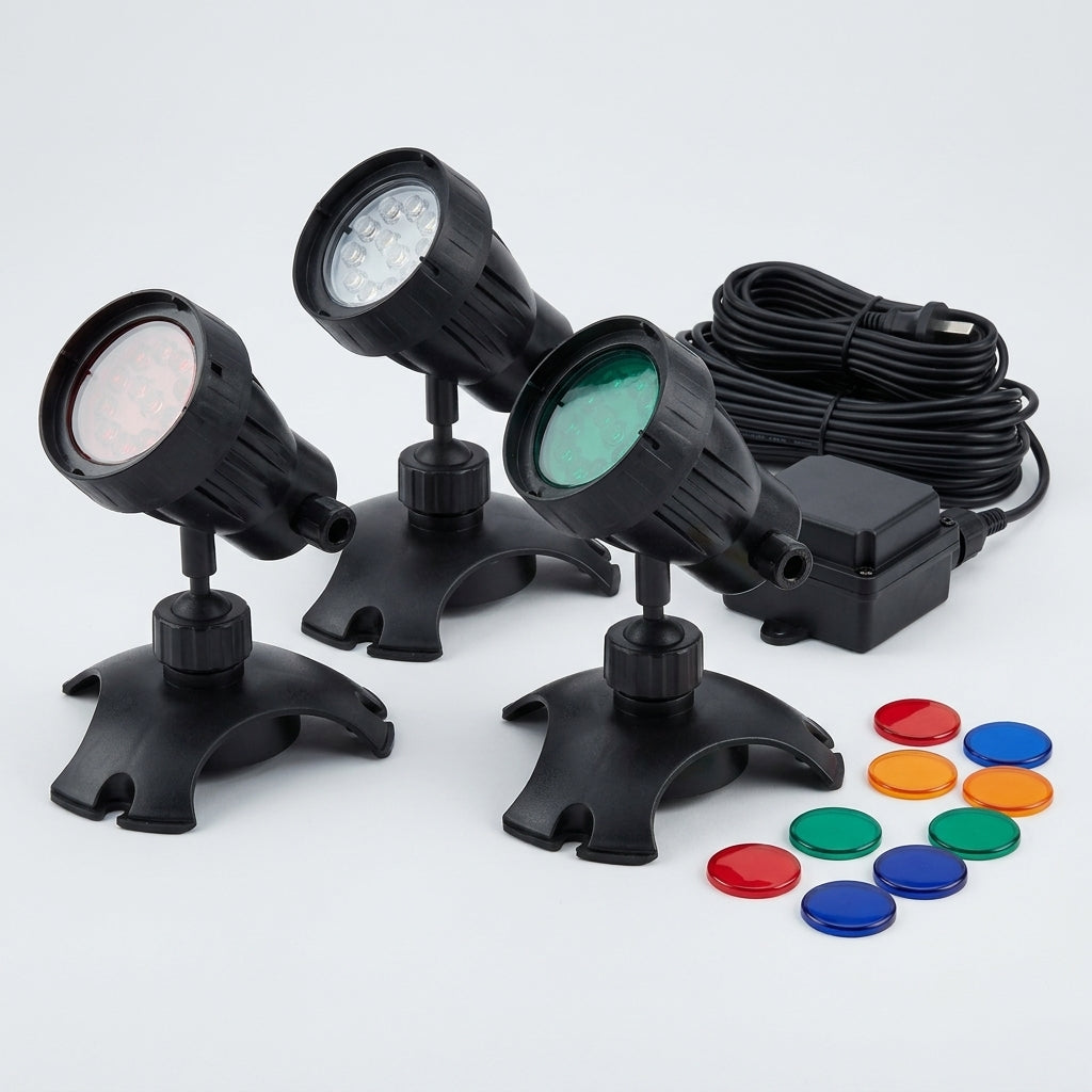Triple LED Pond Lights Set 53mm with 12V Transformer and Colour Discs (view 2)