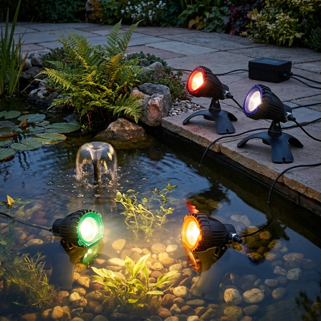 4 x 20W Halogen Pond Lights with Tripod Stands, Submersible, Quad Set