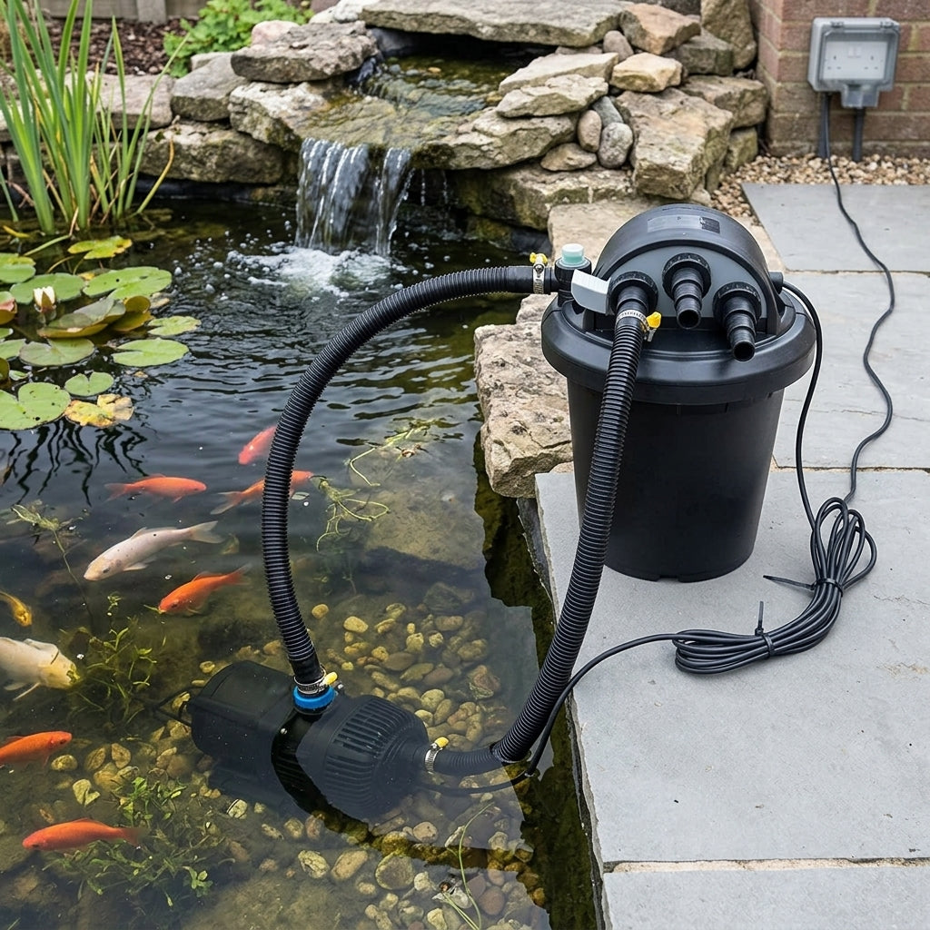 12000L Pond Pump and Filter Set with 8000Lph Flow, 11W UVC, 70W Pump