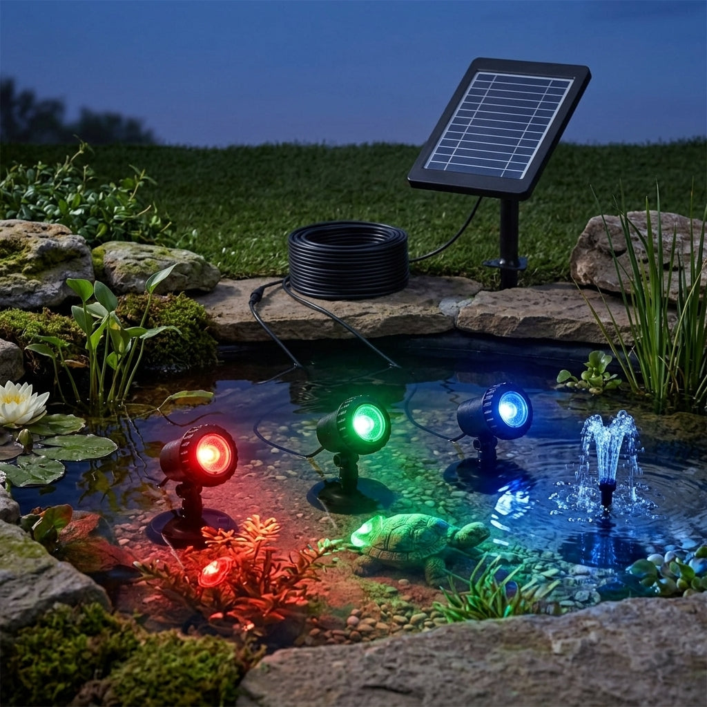 Set of 3 RGB Solar Submersible Pond Lights, 576 Lumens, 3.5W Panel