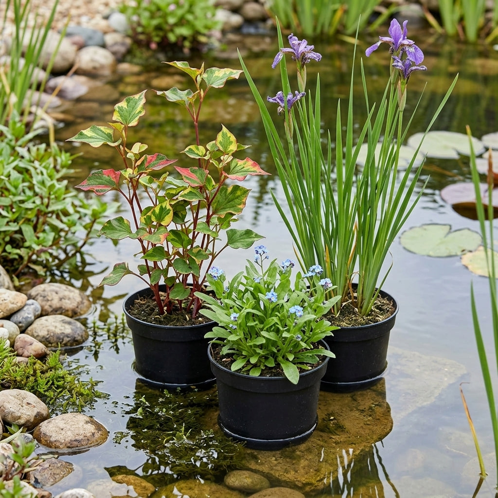 Ornamental marginal pond plants, 3 × 1L pots, mixed species