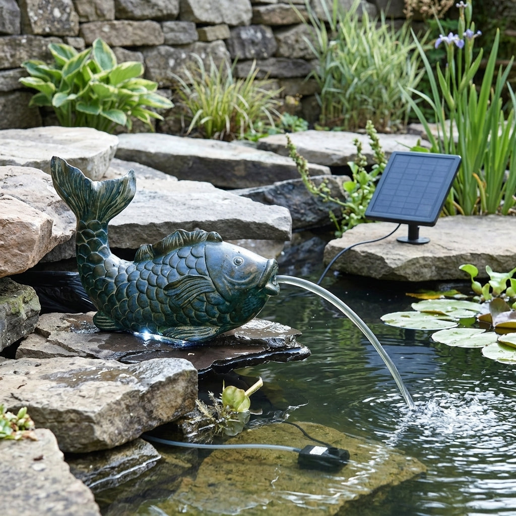 Koi Spitter & Solar Fountain Kit with LED, 27x18x42cm Polyresin Ornament