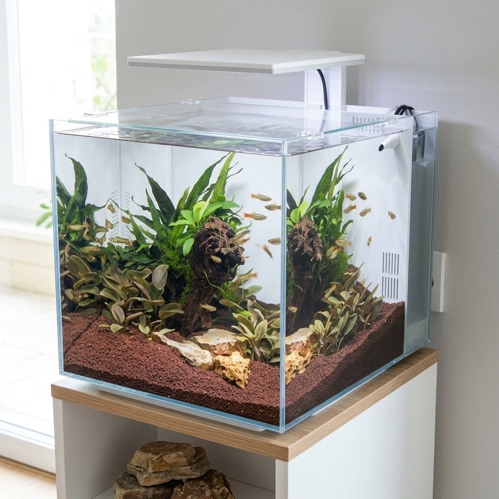 30 Litre Cube Aquarium with LED Light, White, Integrated Filter