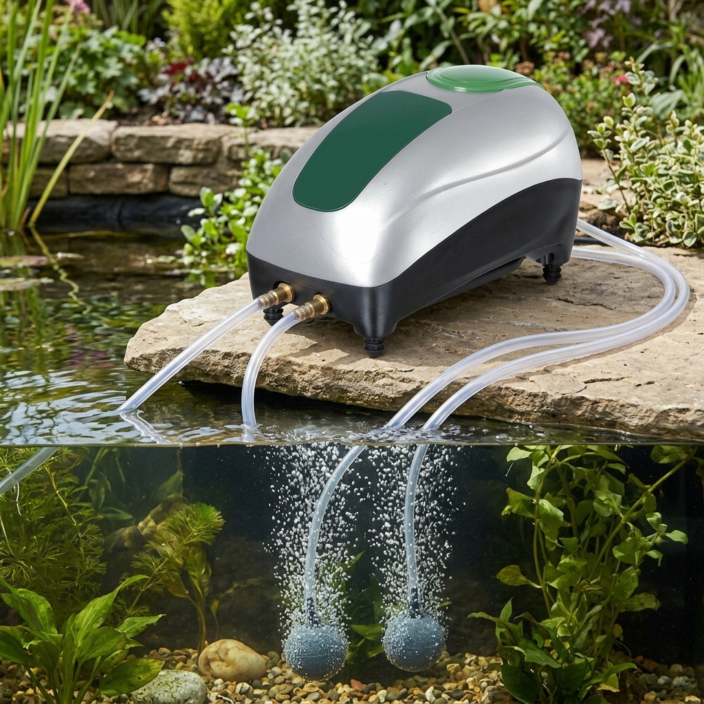 Compact Pond Air Pump with Dual Outlets and Weatherproof Casing