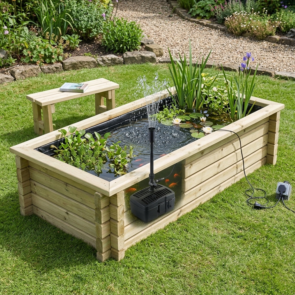 1.67m x 0.62m Raised Wooden Pond with UV Pump – 175 Gallon Capacity