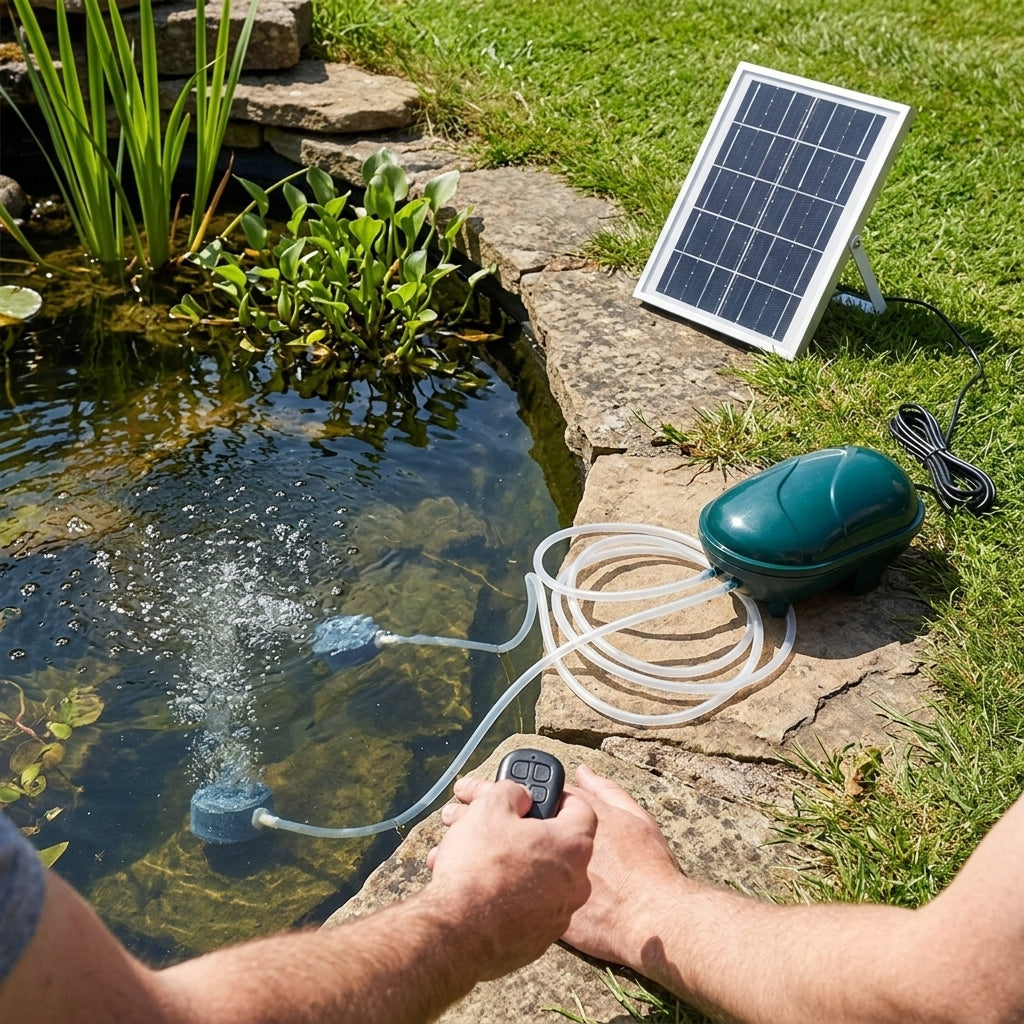 Double Outlet Solar Air Pump with Remote, 200 LPH, for Ponds up to 400L