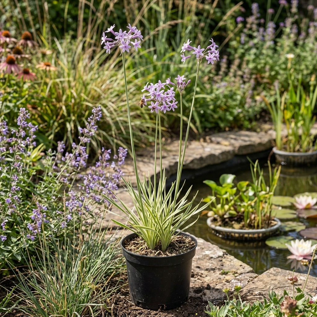 60cm Tulbaghia Violacea Variegated Society Garlic Plant 3 Litre Pot