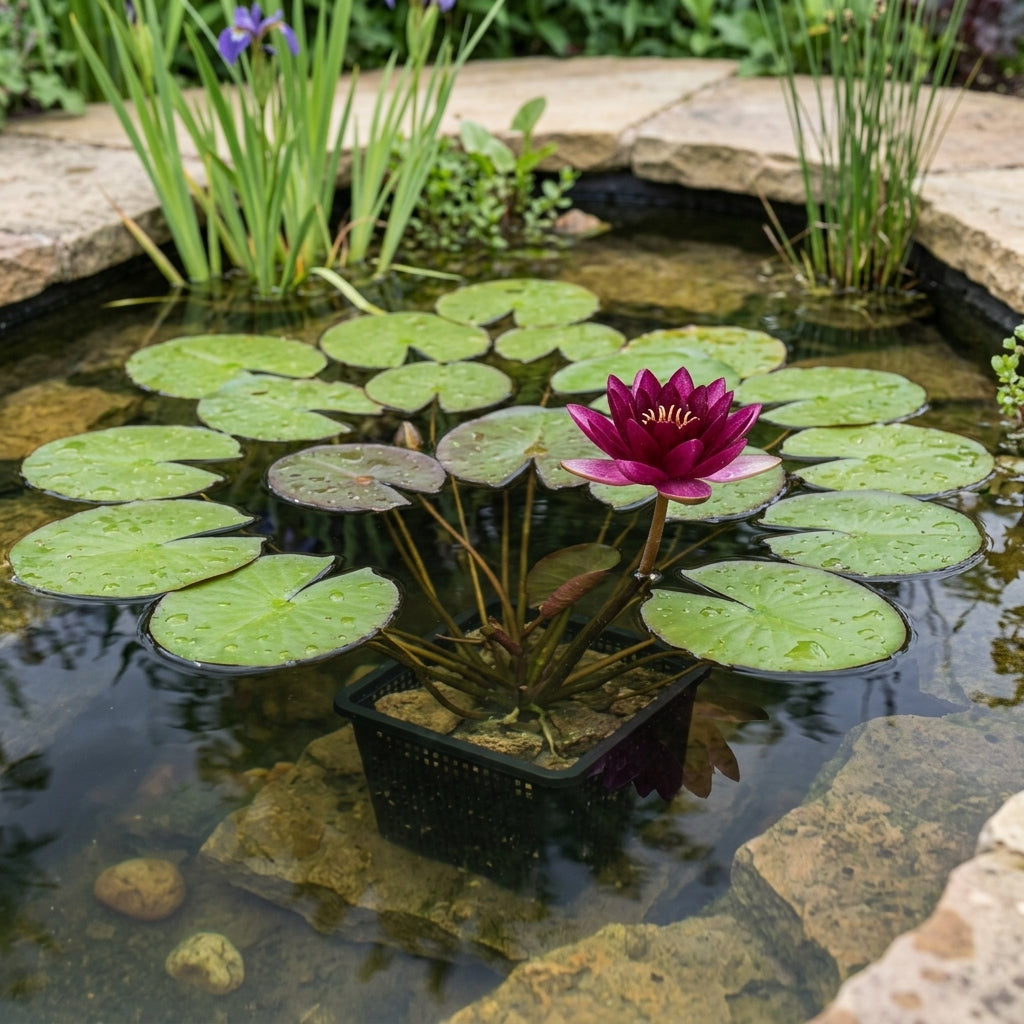 Medium water lily 3L – almost black nymphaea with plum flowers