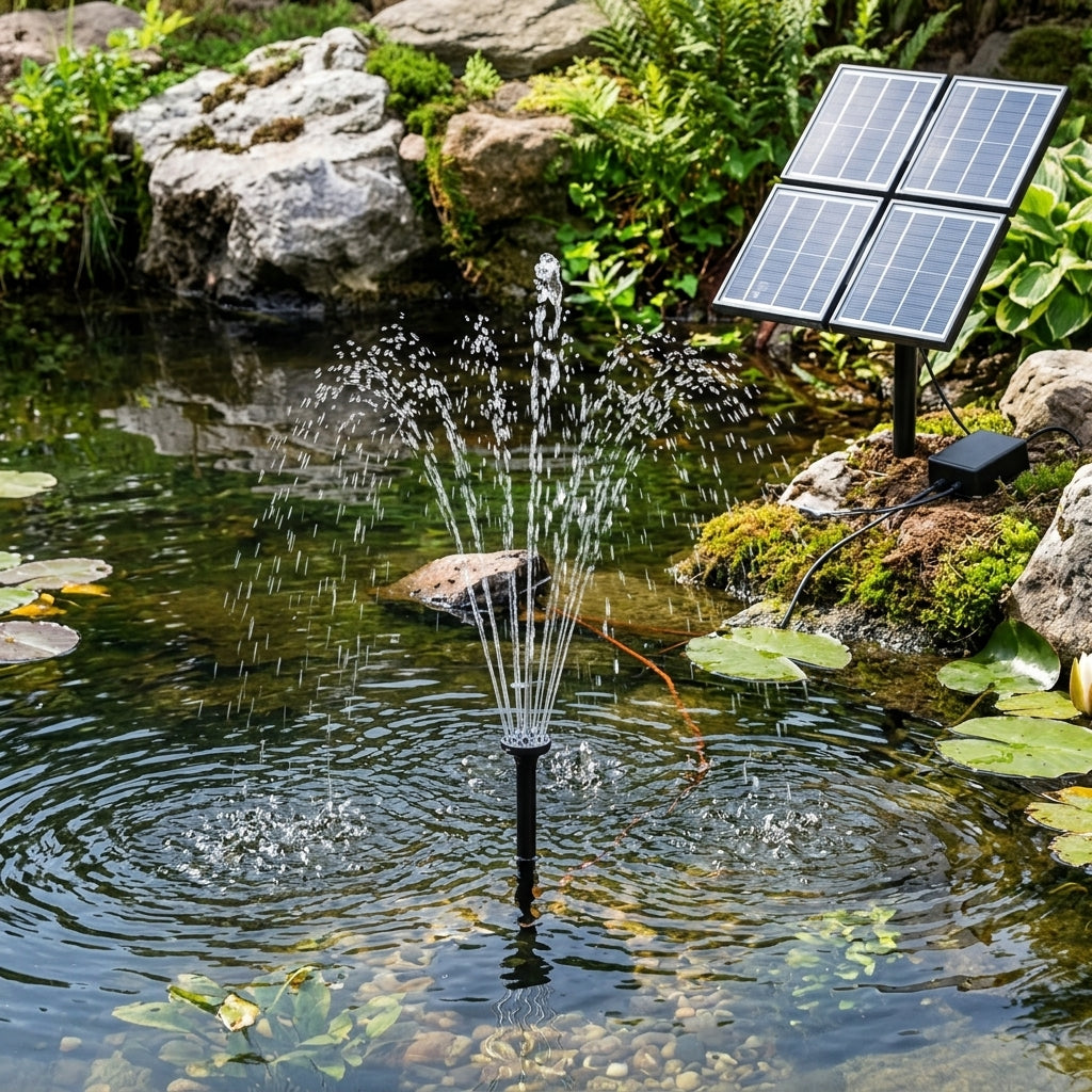 Solar Fountain Pump with Battery & LED, 5W Panel, 28cm Fountain Height