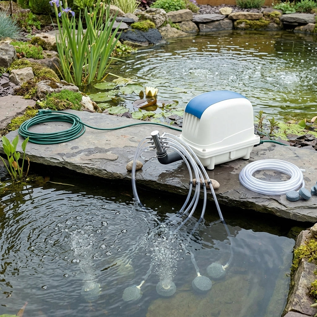 Pond Air Pump with Accessories Kit, Aluminium Casing, 6-Way Manifold