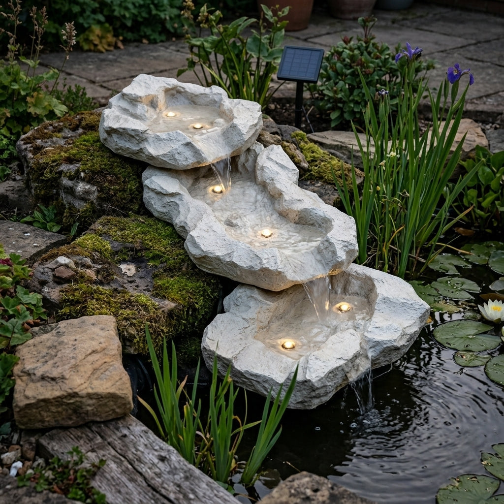 Complete Waterfall Set 3-Piece Polyresin with Solar Lights