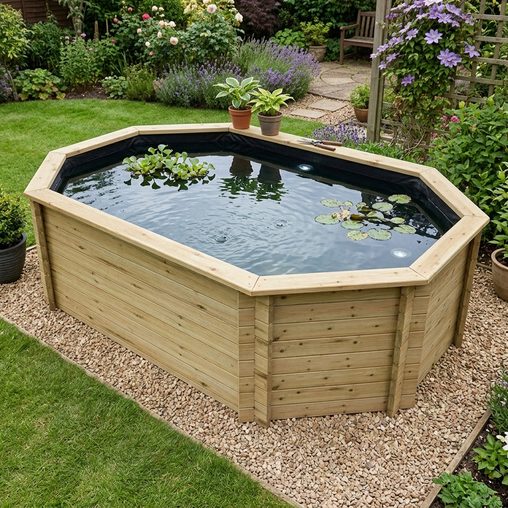 3.66m x 2.44m Octagonal Wooden Raised Pond, 6,452L, 44mm Boards
