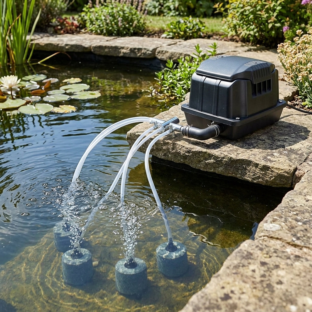 Compact Pond Air Pump with 4-Way Manifold and Accessories