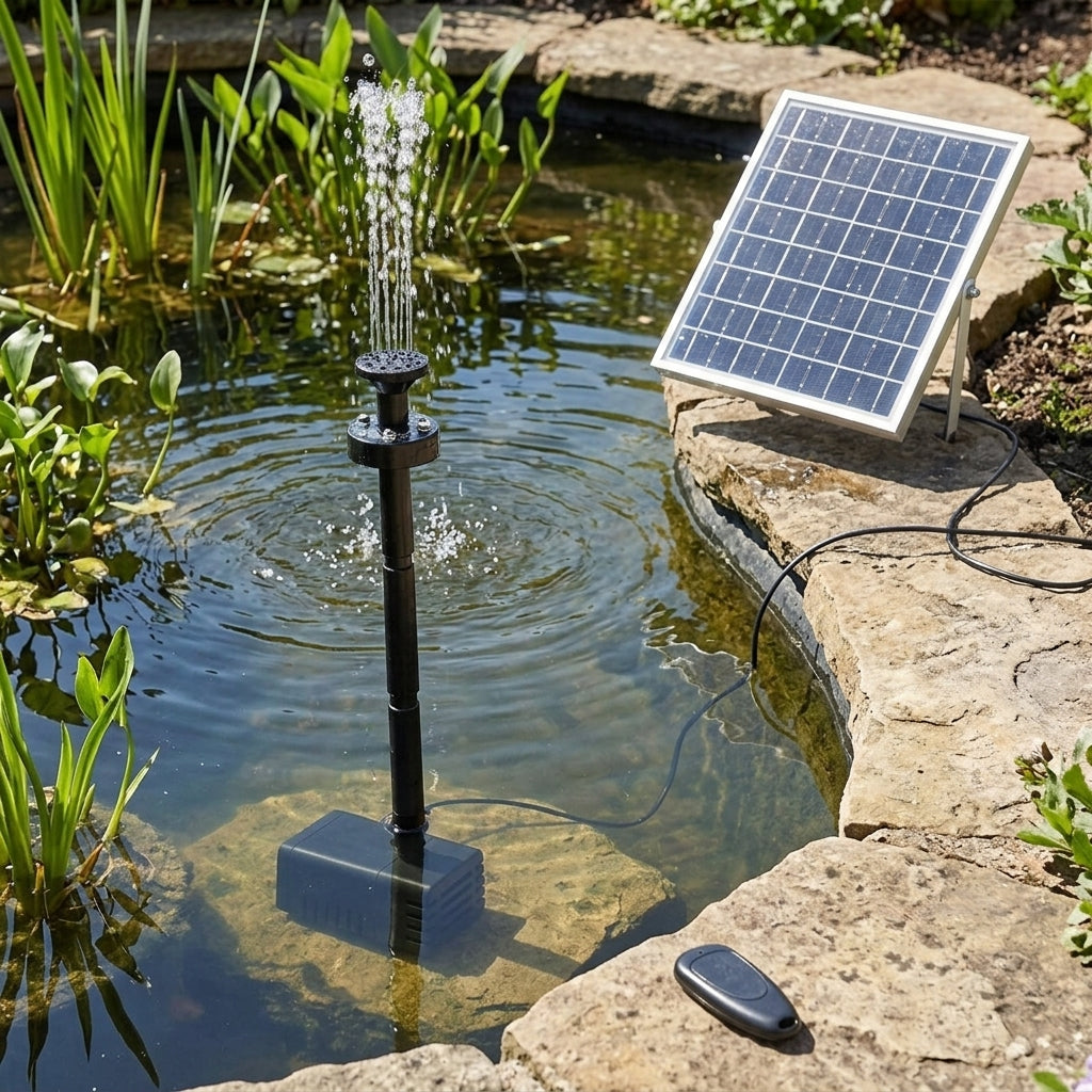 Solar Fountain Pump with Battery Backup and LED Light, 7W Panel, 63cm Height